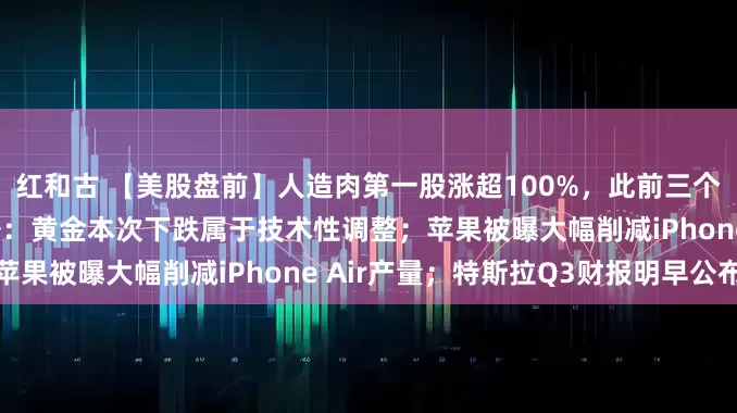 红和古 【美股盘前】人造肉第一股涨超100%，此前三个交易日涨近600%；高盛：黄金本次下跌属于技术性调整；苹果被曝大幅削减iPhone Air产量；特斯拉Q3财报明早公布
